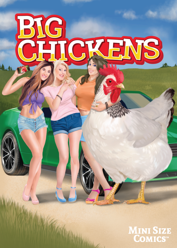 Cover of 'Big Chickens' with three women and a large chicken in front of a green car.