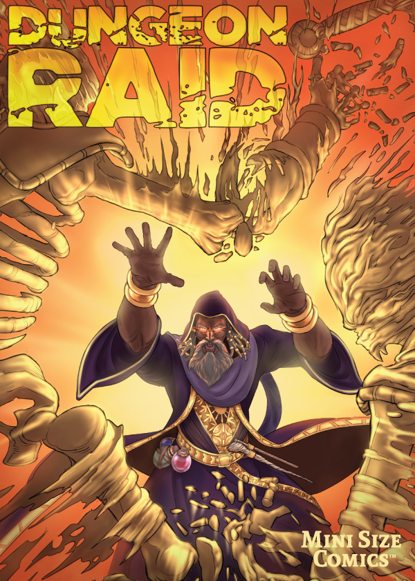 Cover of Dungeon Raid Mini Size Comic showing a wizard shooting a fireball at monsters.